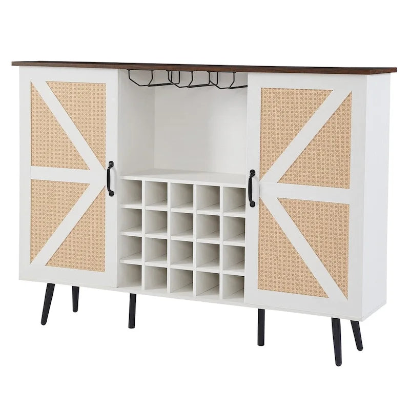 Faux Rattan Barn Door Wine Cabinet with Wine Rack and Wine Glass Rack