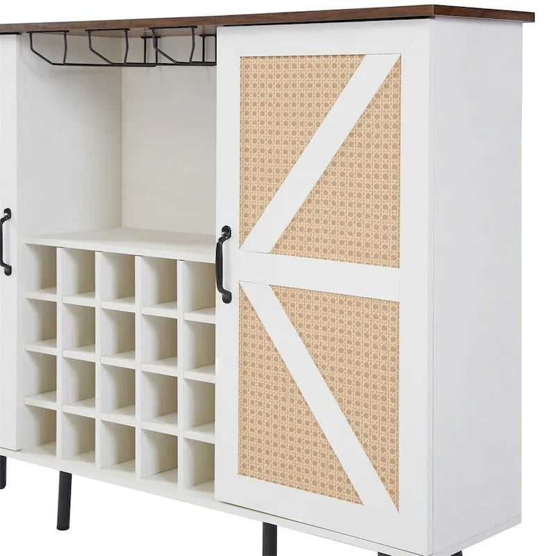 Faux Rattan Barn Door Wine Cabinet with Wine Rack and Wine Glass Rack